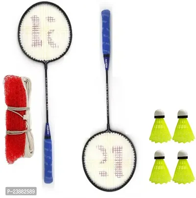 Kobro Single Shaft Racket 2 Piece Badminton With 4 Piece Nylon Shuttle And Net Badminton Kit