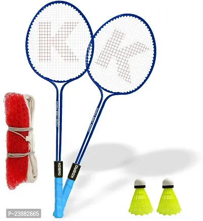 Kobro Double Shaft Racquet Set Of 2 Piece With 2 Piece Nylon Shuttle Cock And Net Badminton Kit