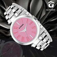 G-HAWK Beautiful Pink Dial with Silver Stainless Steel Chain Watch for Women Girls-thumb3