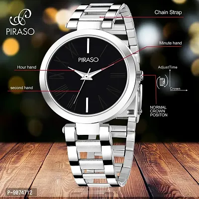 PIRASO Beautiful Black Dial with Silver Stainless Steel Chain Watch for Women Girls-thumb4