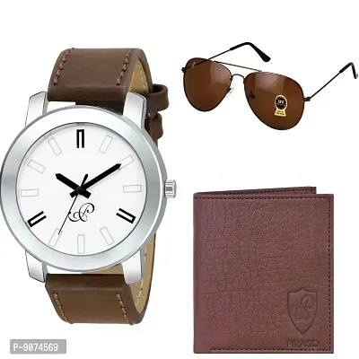 PIRASO Brown Colour Combo Pack Of Sunglasses, Watch And Wallet