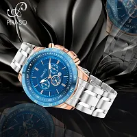 PIRASO Chrono Working Stunning Blue Dial with Date and Copper Silver Stainless Steel Chain Analog Watch for Men Boys-thumb2