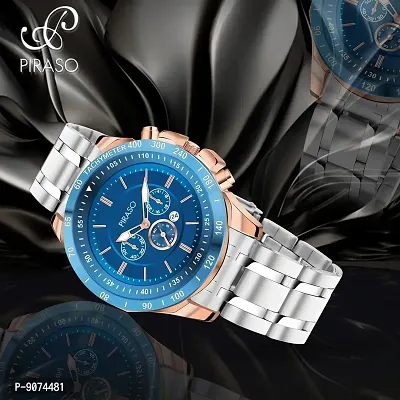 PIRASO Chrono Working Stunning Blue Dial with Date and Copper Silver Stainless Steel Chain Analog Watch for Men Boys-thumb3