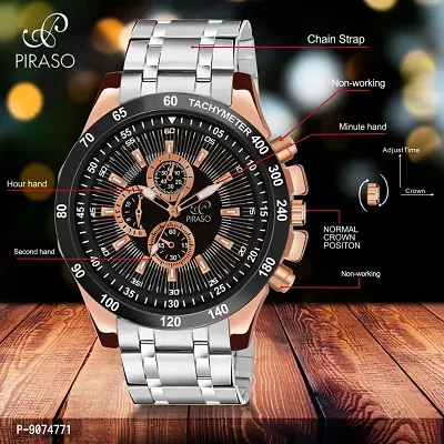 PIRASO Stunning Black Dial with Silver Stainless Steel Chain Analog Watch for Men Boys-thumb5