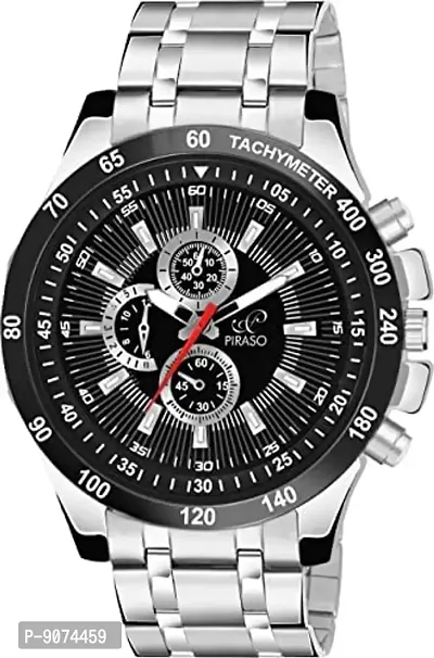 PIRASO Stunning Black Dial with Silver Stainless Steel Chain Analog Watch for Men Boys