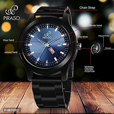 PIRASO Classy Blue Dial and Black Stainless Steel Chain Watch for Men  Boys-thumb2