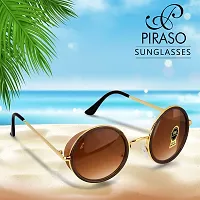 PIRASO UV Protected Round Unisex Sunglasses (Brown and Gold)-thumb1