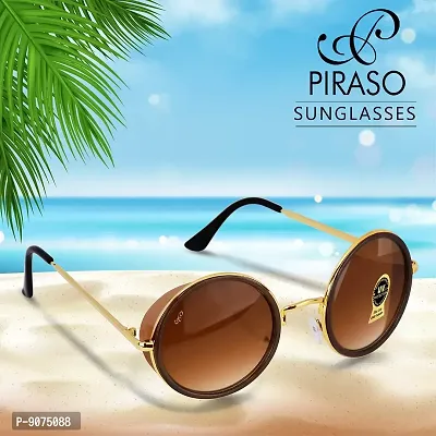 PIRASO UV Protected Round Unisex Sunglasses (Brown and Gold)-thumb2