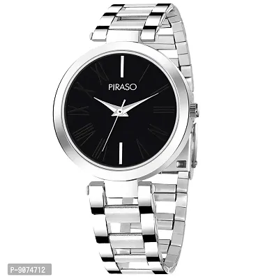 PIRASO Beautiful Black Dial with Silver Stainless Steel Chain Watch for Women Girls-thumb2