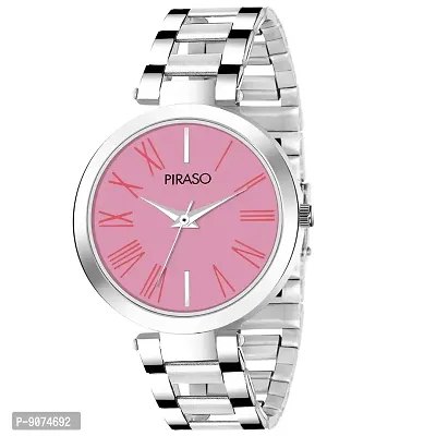 PIRASO Beautiful Pink Dial with Silver Stainless Steel Chain Watch for Women Girls