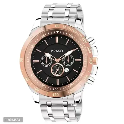 PIRASO Chrono Working Stunning Black Dial with Date and Copper Silver Stainless Steel Chain Analog Watch for Men Boys