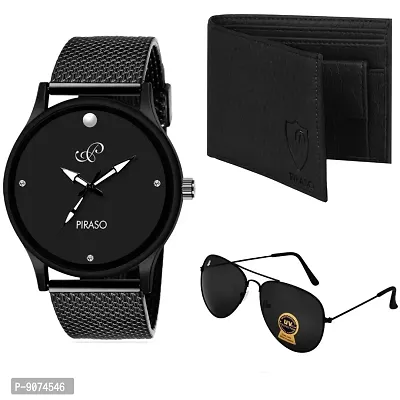 PIRASO Men's Aviator Sunglasses With Watch  Wallet (Black Frame, Black Lens) (Medium)