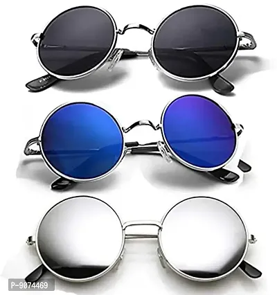 PIRASO UV Protected Unisex Combo Pack Of Three Round Sunglasses Black, Blue  Silver-thumb0