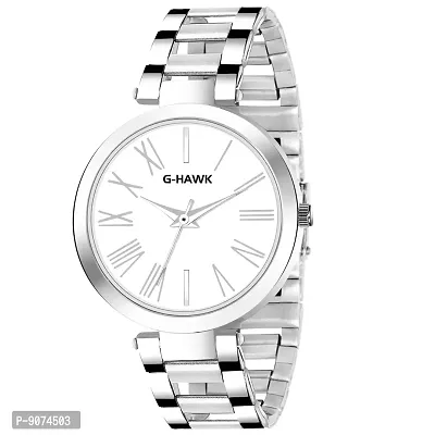 G-HAWK Beautiful White Dial with Silver Stainless Steel Chain Watch for Women Girls