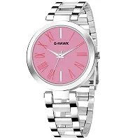 G-HAWK Beautiful Pink Dial with Silver Stainless Steel Chain Watch for Women Girls-thumb1