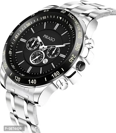 PIRASO Chrono Working Stunning Black Dial with Date and Silver Stainless Steel Chain Analog Watch for Men Boys-thumb2