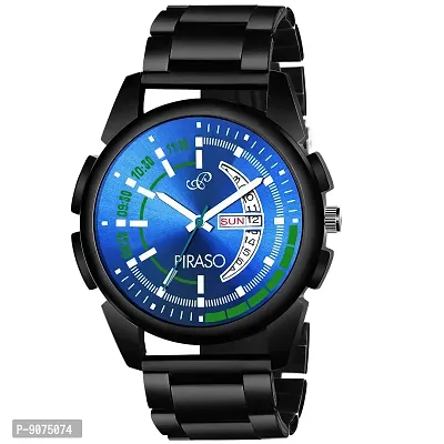 PIRASO Analogue Blue Dial Men's Watch with Date and Day Functioning (Black)