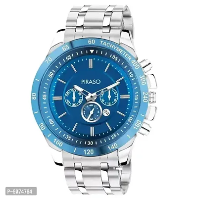 PIRASO Chrono Working Stunning Blue Dial with Date and Silver Stainless Steel Chain Analog Watch for Men Boys
