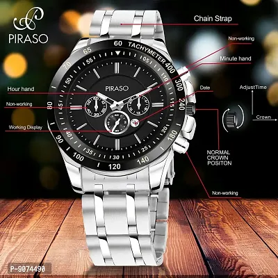 PIRASO Chrono Working Stunning Black Dial with Date and Silver Stainless Steel Chain Analog Watch for Men Boys-thumb5