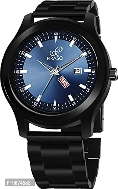 PIRASO Classy Blue Dial and Black Stainless Steel Chain Watch for Men  Boys-thumb3