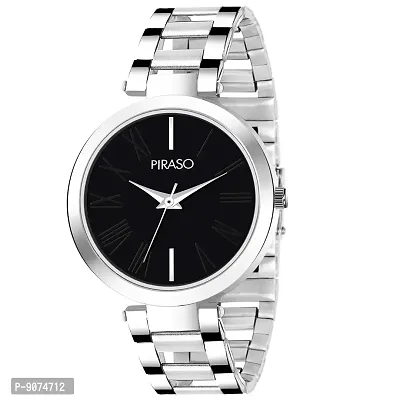 PIRASO Beautiful Black Dial with Silver Stainless Steel Chain Watch for Women Girls-thumb0