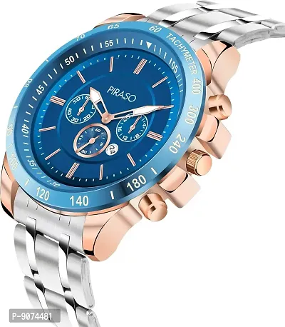 PIRASO Chrono Working Stunning Blue Dial with Date and Copper Silver Stainless Steel Chain Analog Watch for Men Boys-thumb2