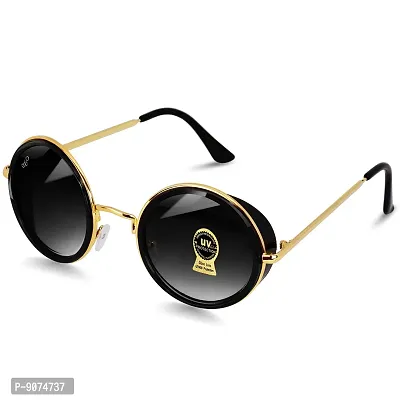 PIRASO UV Protected Round Golden Frame Unisex Sunglasses (Black)