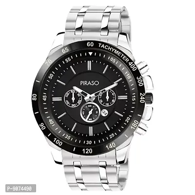 PIRASO Chrono Working Stunning Black Dial with Date and Silver Stainless Steel Chain Analog Watch for Men Boys-thumb0