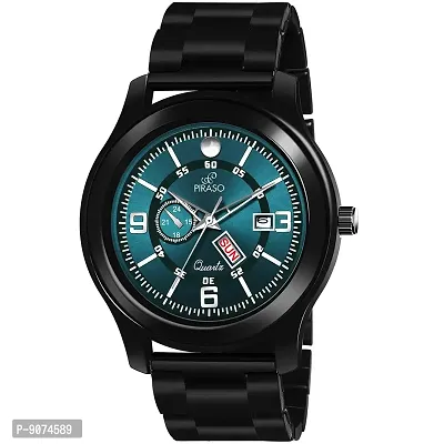 PIRASO Classy Look Blue Dial and Black Stainless Steel Chain with Day and Date Display Watch for Men  Boys