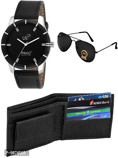 PIRASO Combo of Black Men's Wallet,Sunglasses  Watch-thumb0