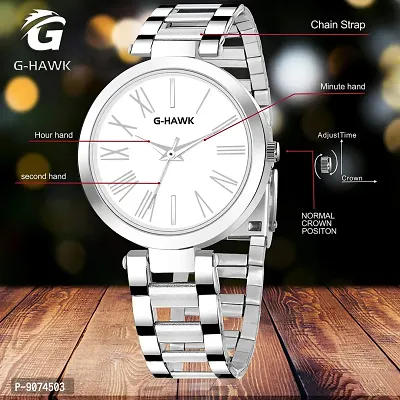 G-HAWK Beautiful White Dial with Silver Stainless Steel Chain Watch for Women Girls-thumb3