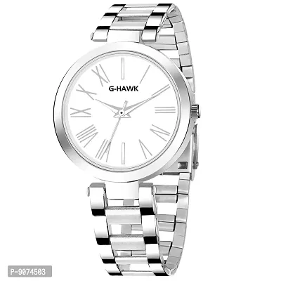 G-HAWK Beautiful White Dial with Silver Stainless Steel Chain Watch for Women Girls-thumb2