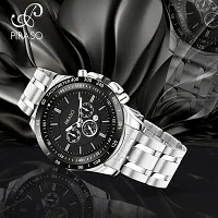 PIRASO Chrono Working Stunning Black Dial with Date and Silver Stainless Steel Chain Analog Watch for Men Boys-thumb3