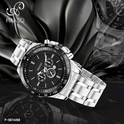 PIRASO Chrono Working Stunning Black Dial with Date and Silver Stainless Steel Chain Analog Watch for Men Boys-thumb4