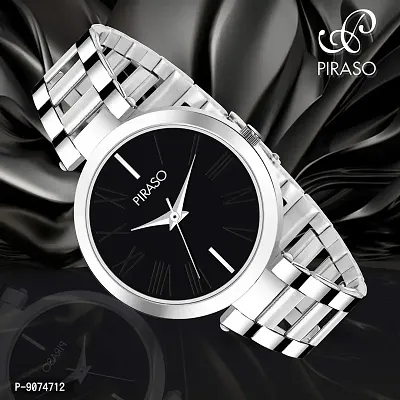 PIRASO Beautiful Black Dial with Silver Stainless Steel Chain Watch for Women Girls-thumb3