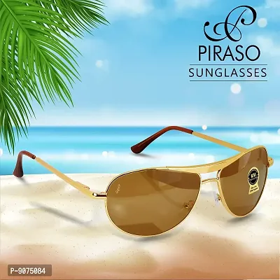 PIRASO Aviator UV 400 Protection Brown Glass Golden Frame Sunglasses for Men, Women with Attractive Case-thumb2