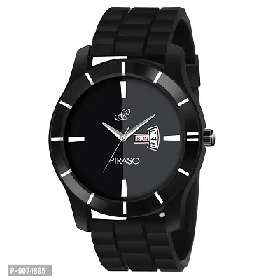 PIRASO Stunning Two Tone Dial  Designer Black Mesh Band with Day and Date Functioning Watch for Men Boys-thumb0