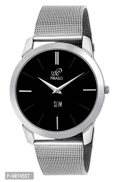 PIRASO Decent Look Slim Black Dial with Silver Band Watches for Men Boys-thumb0