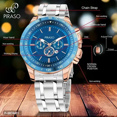 PIRASO Chrono Working Stunning Blue Dial with Date and Copper Silver Stainless Steel Chain Analog Watch for Men Boys-thumb4