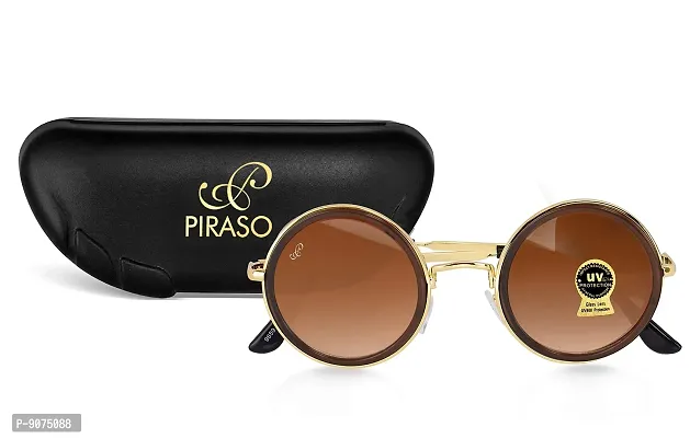 PIRASO UV Protected Round Unisex Sunglasses (Brown and Gold)-thumb5