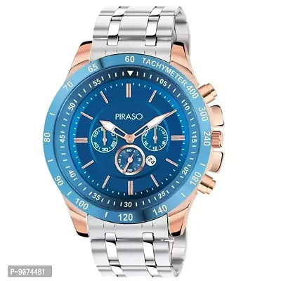 PIRASO Chrono Working Stunning Blue Dial with Date and Copper Silver Stainless Steel Chain Analog Watch for Men Boys-thumb0