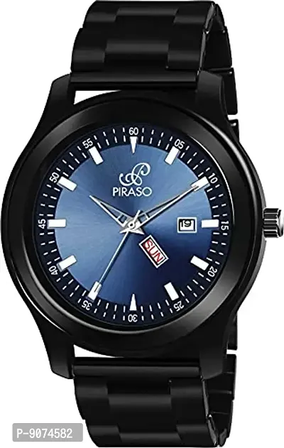 PIRASO Classy Blue Dial and Black Stainless Steel Chain Watch for Men  Boys-thumb0