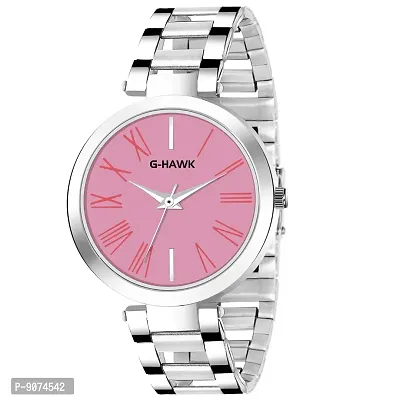 G-HAWK Beautiful Pink Dial with Silver Stainless Steel Chain Watch for Women Girls-thumb0