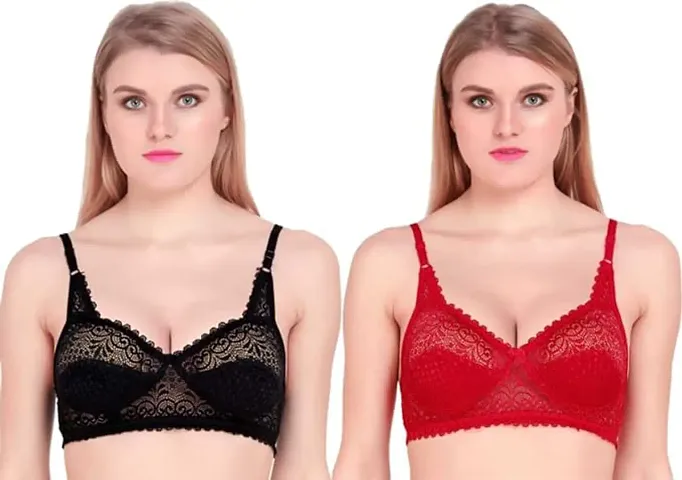 Scallop GOMZI Fashion Women's Full Coverage Bralette Non Padded net Bra Pack of 2 (Black & red) Size:-40