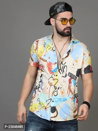 Trendy Multicoloured Lycra Short Sleeves Printed Casual Shirt For Men