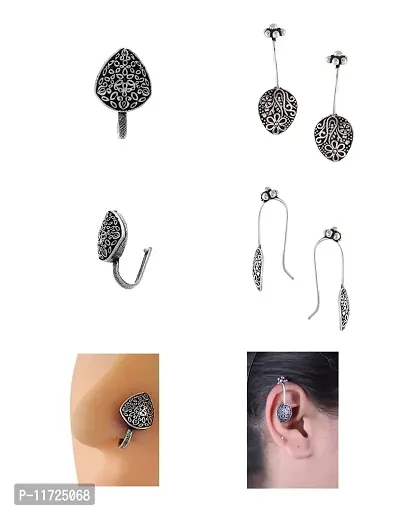 Anuradha Art Silver Finish Designer Studs Earrings with Studs Nose Pin Clip On for Women/Girls-thumb3