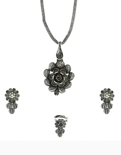 Anuradha Art Oxidized Chain Pendant Earrings with Finger Ring Combo Set|Trendy Traditional Necklce Pendant Set for Women