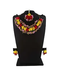 Anuradha Art Yellow-Red Colour Flower Necklace Set For Women|Necklace, Earrings & Maang Tika For Haldi & Mehandi|Baby Shower Necklace Combo Set-thumb1