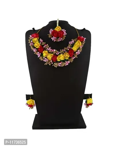 Anuradha Art Yellow-Red Colour Flower Necklace Set For Women|Necklace, Earrings & Maang Tika For Haldi & Mehandi|Baby Shower Necklace Combo Set-thumb2