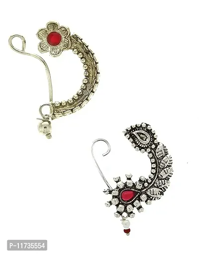 Anuradha Art Silver Finish Oxidized Nath for Women|Traditional Nath|Pressing Nose Pin|Clip-on Nose Pin for Girls